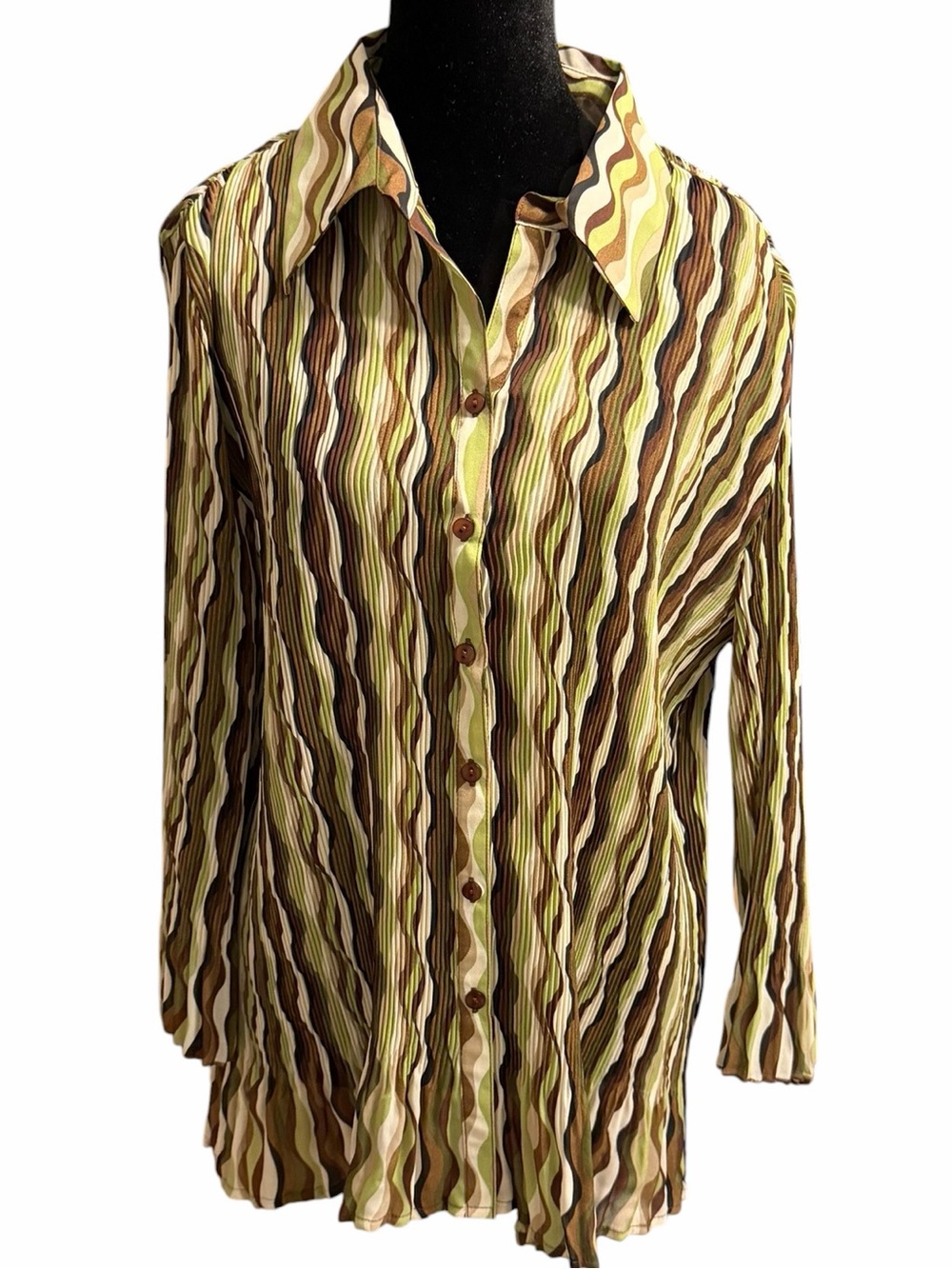 Women's Essentials by Milano Green Brown Striped Button Down Shirt XL